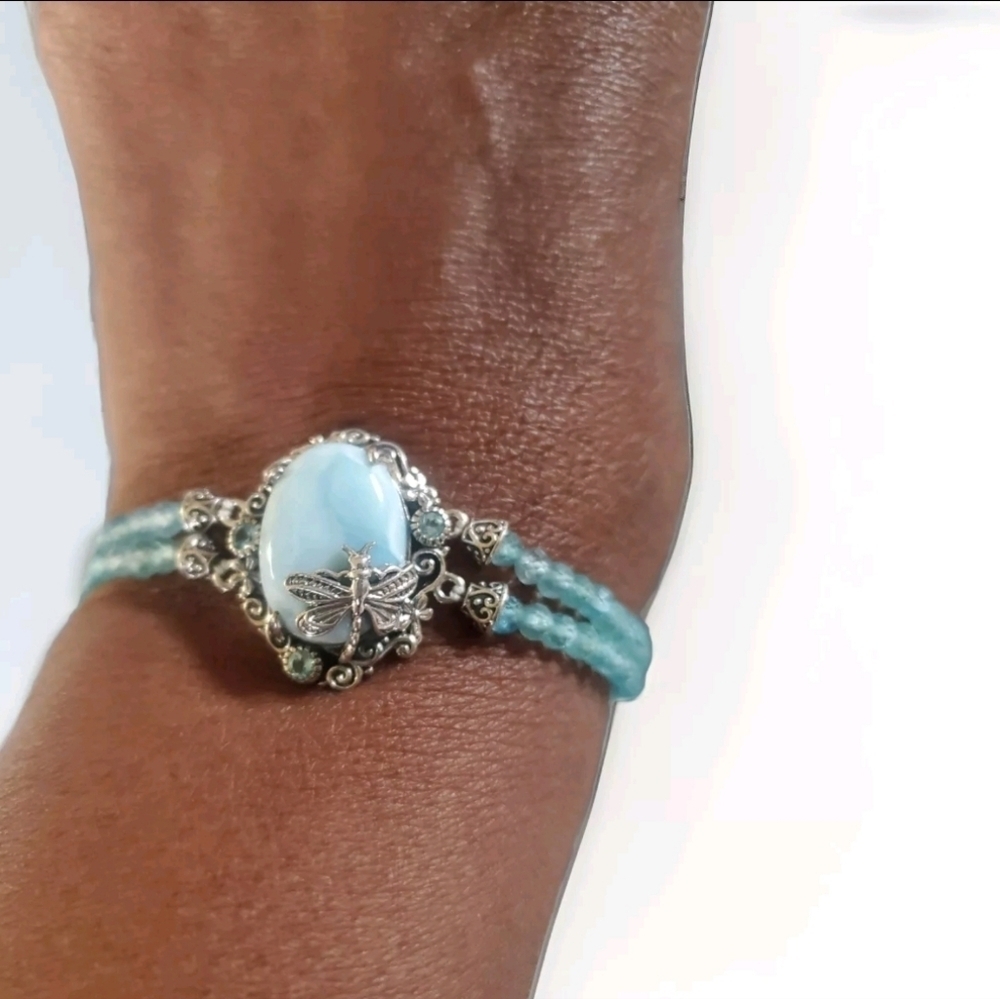 Larimar Paraiba Apatite Dragonfly Sterling Silver Bracelet